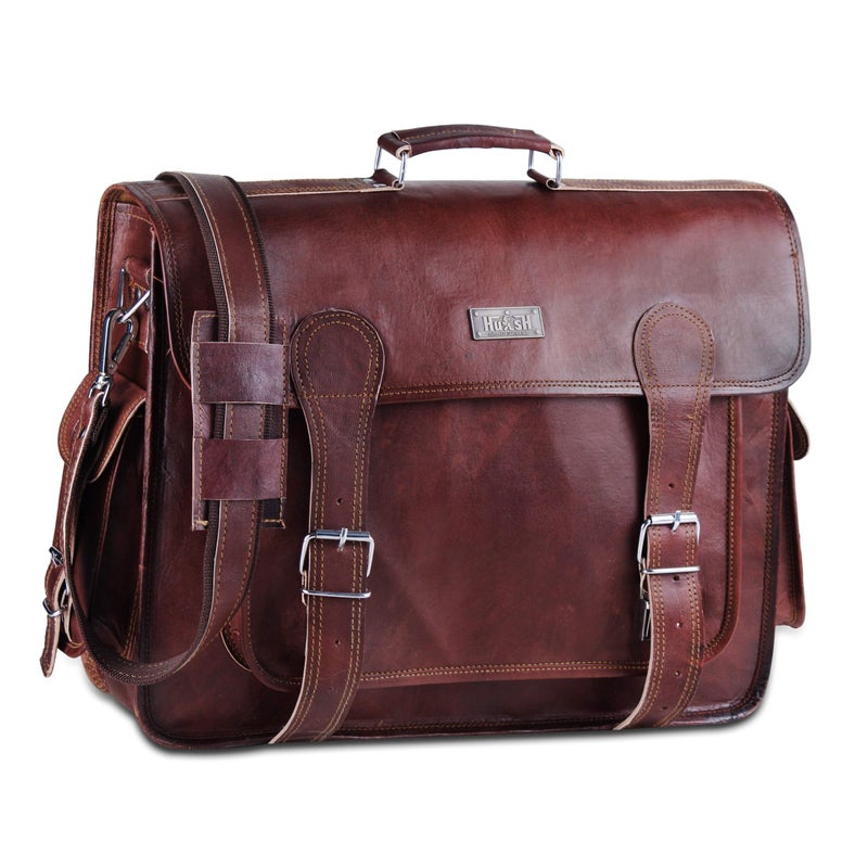 HULSH Brown Leather Messenger Bag For Men 18 Inch Big Women Shoulder Cross Body Brown Laptop Computer Briefcase Bag - Best Vintage Look - Image 1